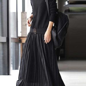 Belted Solid Knit Pullover Dress with Pleated Panel - Y2K Aesthetic Fashion Essential