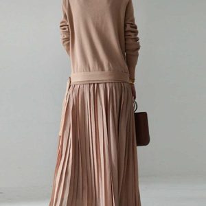 Belted Solid Knit Pullover Dress with Pleated Panel - Y2K Aesthetic Fashion Essential