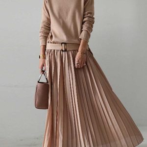 Belted Solid Knit Pullover Dress with Pleated Panel - Y2K Aesthetic Fashion Essential