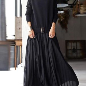 Belted Solid Knit Pullover Dress with Pleated Panel - Y2K Aesthetic Fashion Essential