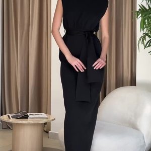 Belted Turtleneck Long Dress with Solid Slit - Y2K Fashion Essential for Chic Outfits