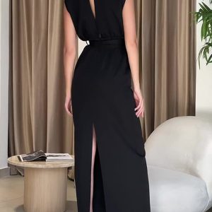 Belted Turtleneck Long Dress with Solid Slit - Y2K Fashion Essential for Chic Outfits