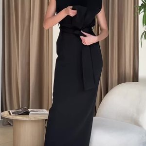 Belted Turtleneck Long Dress with Solid Slit - Y2K Fashion Essential for Chic Outfits