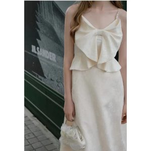 Big Ribbon Camisole Dress with High Neck Lace Top - Y2K Fashion Aesthetic Outfit