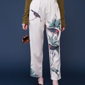 Bird-and-Flower Print Cargo Pants with Playful Birds in a Cozy Tree Aesthetic