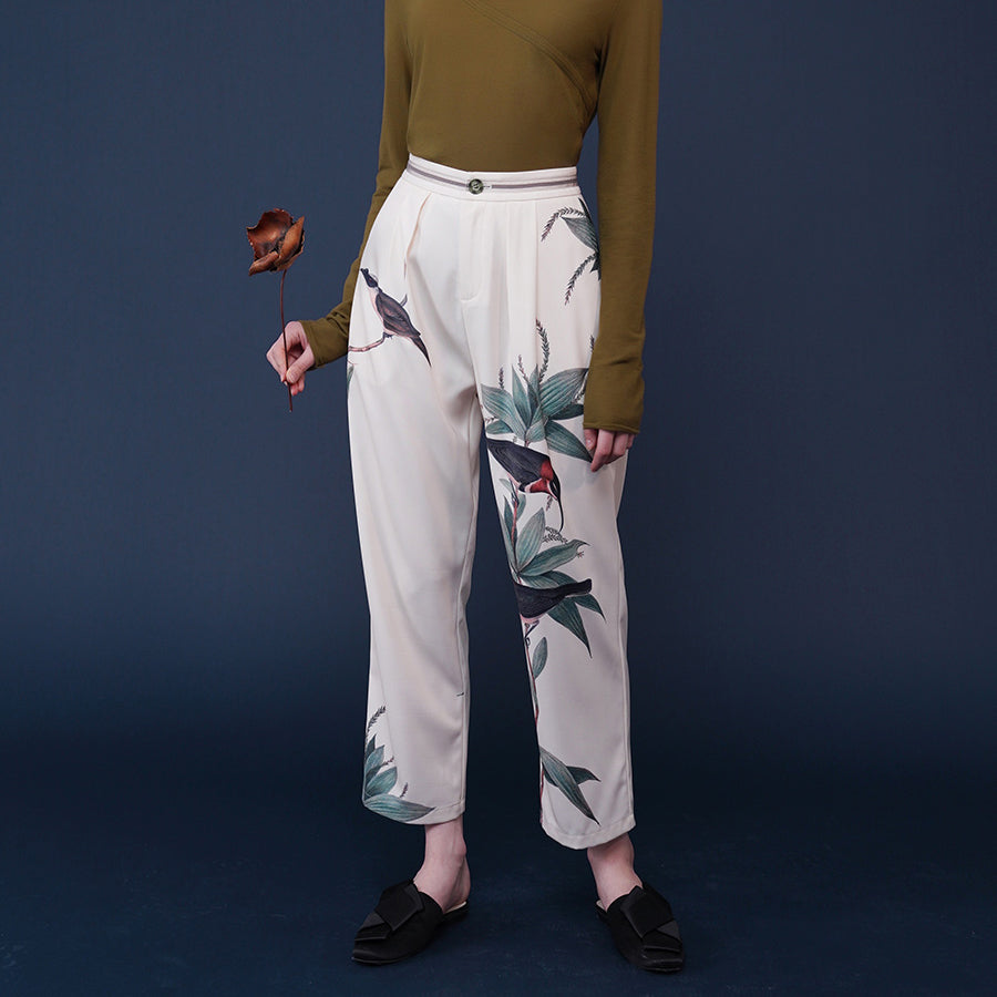 Bird-and-Flower Print Cargo Pants with Playful Birds in a Cozy Tree Aesthetic