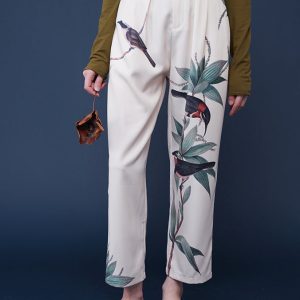 Bird-and-Flower Print Cargo Pants with Playful Birds in a Cozy Tree Aesthetic