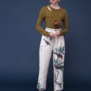 Bird-and-Flower Print Cargo Pants with Playful Birds in a Cozy Tree Aesthetic