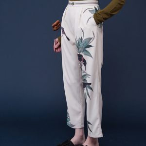 Bird-and-Flower Print Cargo Pants with Playful Birds in a Cozy Tree Aesthetic