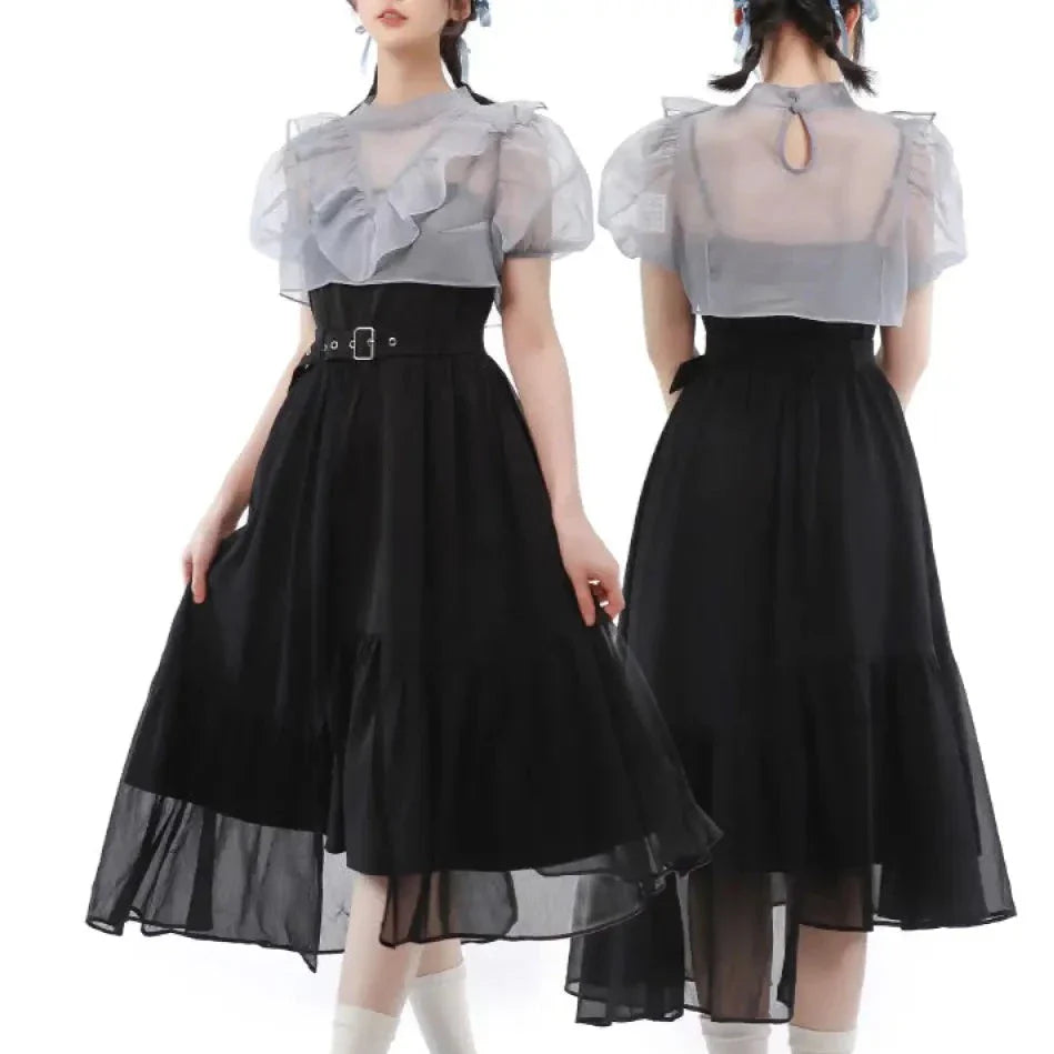 Black Belted High Waist Dress with Sheer Ruffle Top - Y2K Aesthetic Fashion Piece