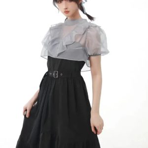 Black Belted High Waist Dress with Sheer Ruffle Top - Y2K Aesthetic Fashion Piece