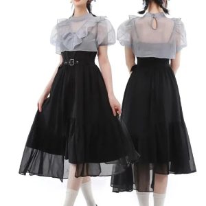 Black Belted High Waist Dress with Sheer Ruffle Top - Y2K Aesthetic Fashion Piece