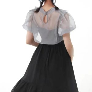 Black Belted High Waist Dress with Sheer Ruffle Top - Y2K Aesthetic Fashion Piece