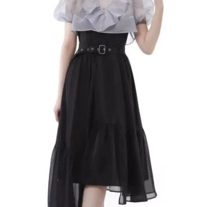 Black Belted High Waist Dress with Sheer Ruffle Top - Y2K Aesthetic Fashion Piece