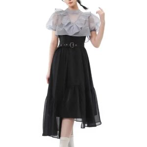 Black Belted High Waist Dress with Sheer Ruffle Top - Y2K Aesthetic Fashion Piece