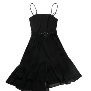 Black Belted High Waist Dress with Sheer Ruffle Top - Y2K Aesthetic Fashion Piece