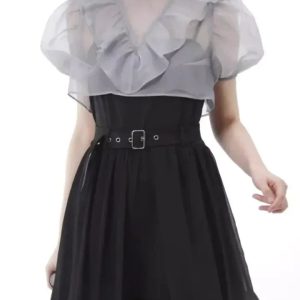 Black Belted High Waist Dress with Sheer Ruffle Top - Y2K Aesthetic Fashion Piece