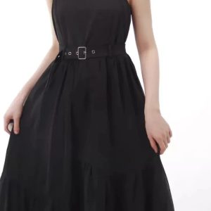 Black Belted High Waist Dress with Sheer Ruffle Top - Y2K Aesthetic Fashion Piece