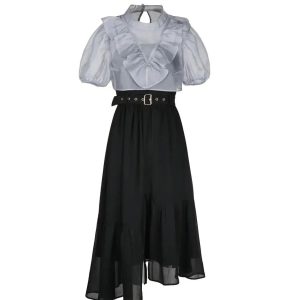 Black Belted High Waist Dress with Sheer Ruffle Top - Y2K Aesthetic Fashion Piece