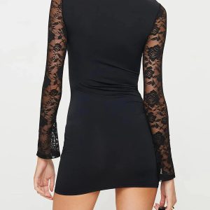 Black Lace Floral Patchwork Mini Dress - Y2K Aesthetic Long Sleeve Bodycon for Parties