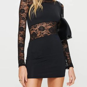 Black Lace Floral Patchwork Mini Dress - Y2K Aesthetic Long Sleeve Bodycon for Parties