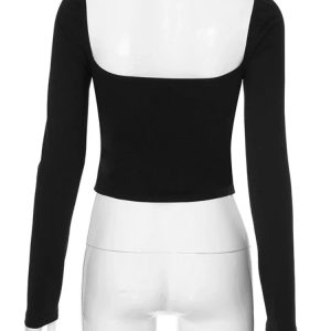 Black Splice Bow Long Sleeve Crop Top for Women - Slim Backless Bodycon Casual Style