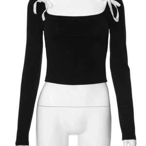 Black Splice Bow Long Sleeve Crop Top for Women - Slim Backless Bodycon Casual Style