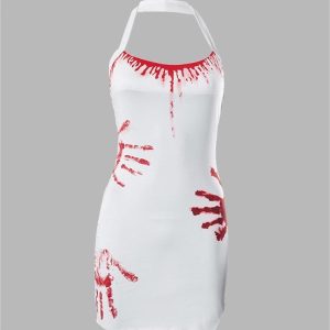 Blood On Hands Y2K Aesthetic Halter Dress for Spooky Grunge Style Enthusiasts