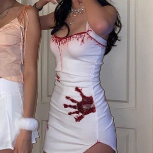 Blood On Hands Y2K Aesthetic Halter Dress for Spooky Grunge Style Enthusiasts