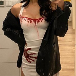 Blood On Hands Y2K Aesthetic Halter Dress for Spooky Grunge Style Enthusiasts