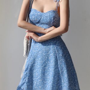 Blue Flower Spaghetti Strap Y2K Vintage Mini Dress with Lace-Up Detail for Summer Vacations