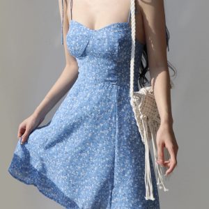 Blue Flower Spaghetti Strap Y2K Vintage Mini Dress with Lace-Up Detail for Summer Vacations