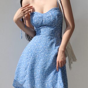 Blue Flower Spaghetti Strap Y2K Vintage Mini Dress with Lace-Up Detail for Summer Vacations