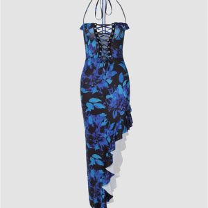 Blue Petals Y2K Aesthetic Maxi Halter Dress for Effortless Coquette Style