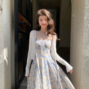 Blue Seaside Vacation Sling Dress - Y2K Aesthetic Oil Painting Style