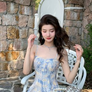 Blue Seaside Vacation Sling Dress - Y2K Aesthetic Oil Painting Style