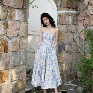 Blue Seaside Vacation Sling Dress - Y2K Aesthetic Oil Painting Style