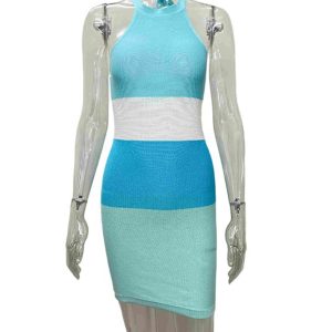 Blue Tie-Back Contrast Striped Knit Dress - Y2K Aesthetic Cute Dress for Stylish Outfits