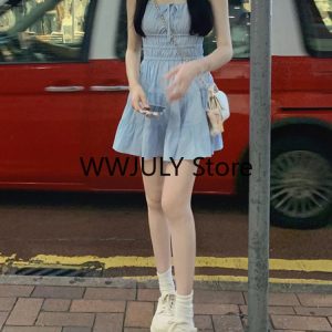 Blue Y2K Mini Dress - Short Party One Piece in Korean Fashion, Casual Chic Summer Style