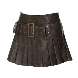 Blythe Y2K Faux Leather Pleated Mini Skirt for Grunge and Coquette Aesthetic Outfits