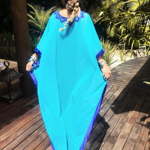 Bohemian Embroidered Batwing Sleeve Chiffon Kaftan Dress - Plus Size Summer Beachwear Q746