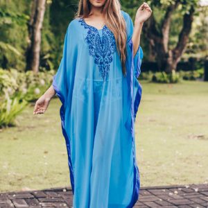 Bohemian Embroidered Batwing Sleeve Chiffon Kaftan Dress - Plus Size Summer Beachwear Q746