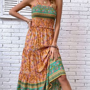 Bohemian Floral Print Suspender Dress for Women - Casual Y2K Aesthetic Holiday Style