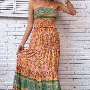 Bohemian Floral Print Suspender Dress for Women - Casual Y2K Aesthetic Holiday Style