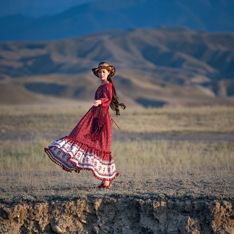 Bohemian Long Maxi Dress with 3/4 Lantern Sleeves and Red Tassels - Spring/Summer Style