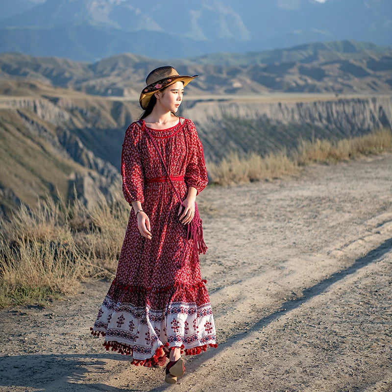 Bohemian Long Maxi Dress with 3/4 Lantern Sleeves and Red Tassels - Spring/Summer Style