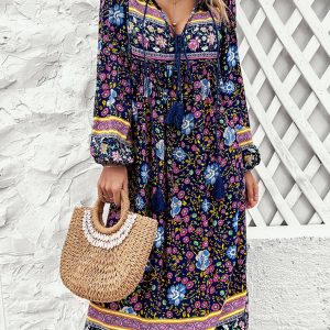 Bohemian Long Sleeve Dress for Women - Casual Resort Style with Vibrant Prints