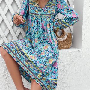 Bohemian Long Sleeve Dress for Women - Casual Resort Style with Vibrant Prints