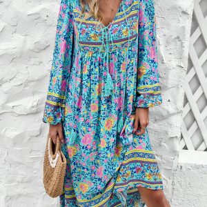 Bohemian Long Sleeve Dress for Women - Casual Resort Style with Vibrant Prints