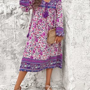 Bohemian Long Sleeve Dress for Women - Casual Resort Style with Vibrant Prints